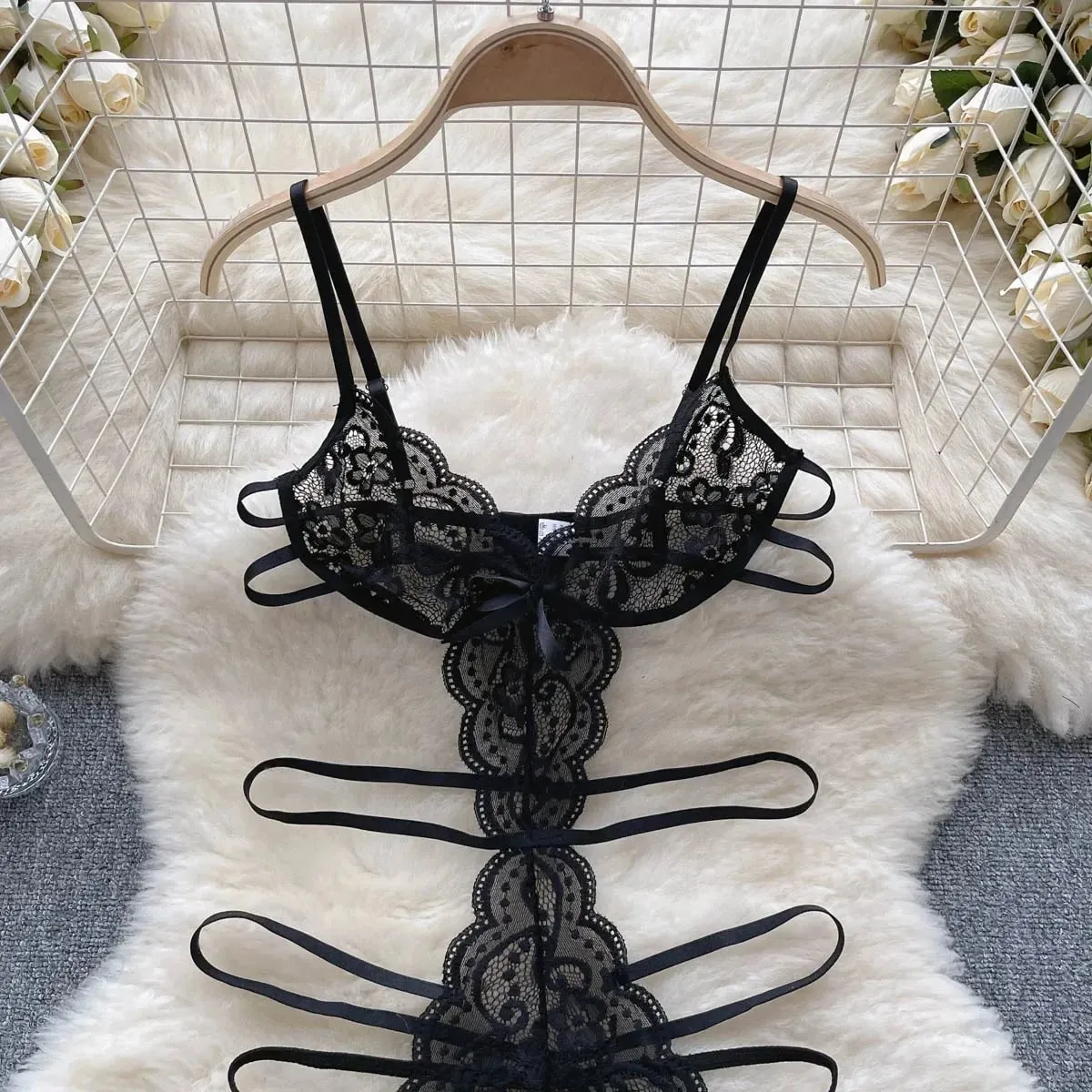 Women' Hollow Lace Camisole Bodysuit V-Neck Backless Sleeveless Erotic Lingerie Slim Fit Bow Pajamas Sexy Black Sheer Playsuit — image 3
