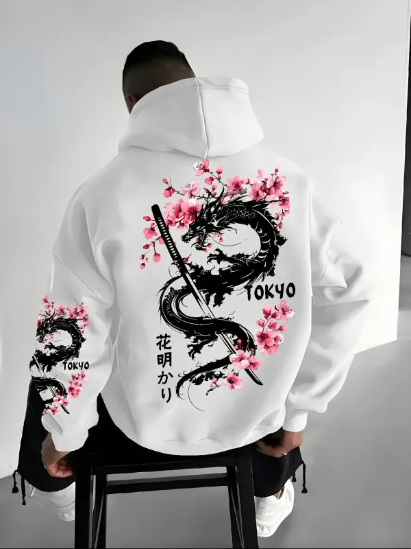 Pullover bertudung bercorak naga gaya anime lelaki bercorak bunga sakura untuk gaya longgar dan kasual kehangatan musim sejuk