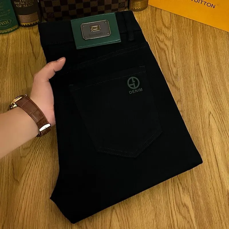 Simple All-Match Pure Color Jeans Men's 2024 High-End Business Trends Office Light Luxury Slim Fit Ankle Tight Trousers