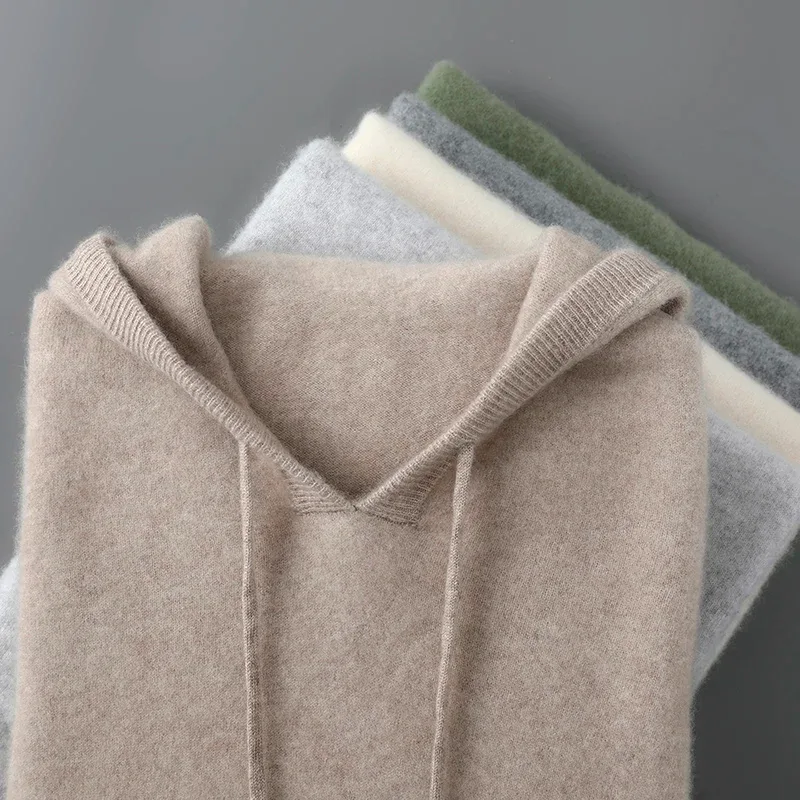 DjzDsm ฤดูใบไม้ร่วงฤดูหนาวเสื้อกันหนาวผู้ชาย 100% Merino ขนสัตว์หนา Hooded Pullover เสื้อถักนุ่มสบายๆขนสัตว์เสื้อผ้า Tops