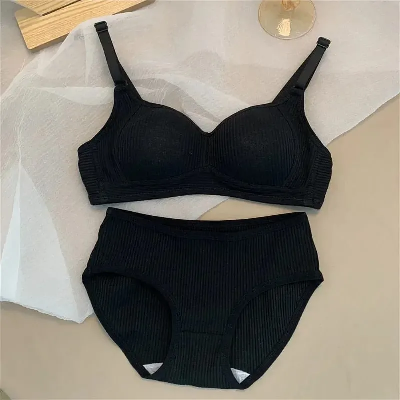 Women Seamless Bra Sets Panties+Wire Free Bra 2Pcs Suit Solid Color Bralette Lingerie Sexy Brassiere Cotton Female Underwear Set