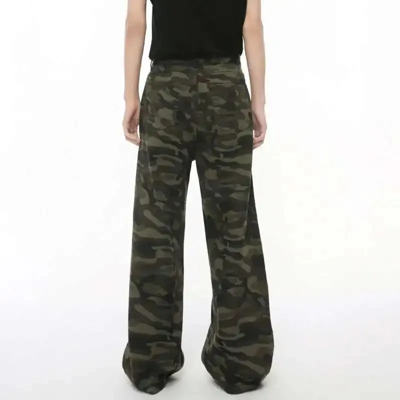 Vintage Camouflage Men's Jeans Fashion Washed Casual Wide Leg Denim Pants Autumn Winter Loose Male Trousers Old Blue 9C354