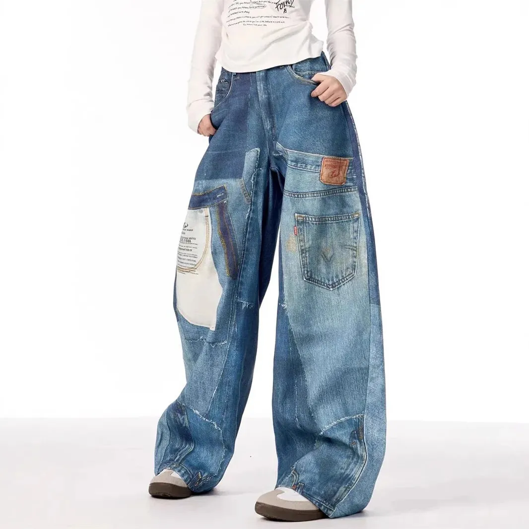2025 American High Street Retro Design Patch Splicing Printed Jeans Men's and Women's Loose Straight Wide-leg Trousers — image 3