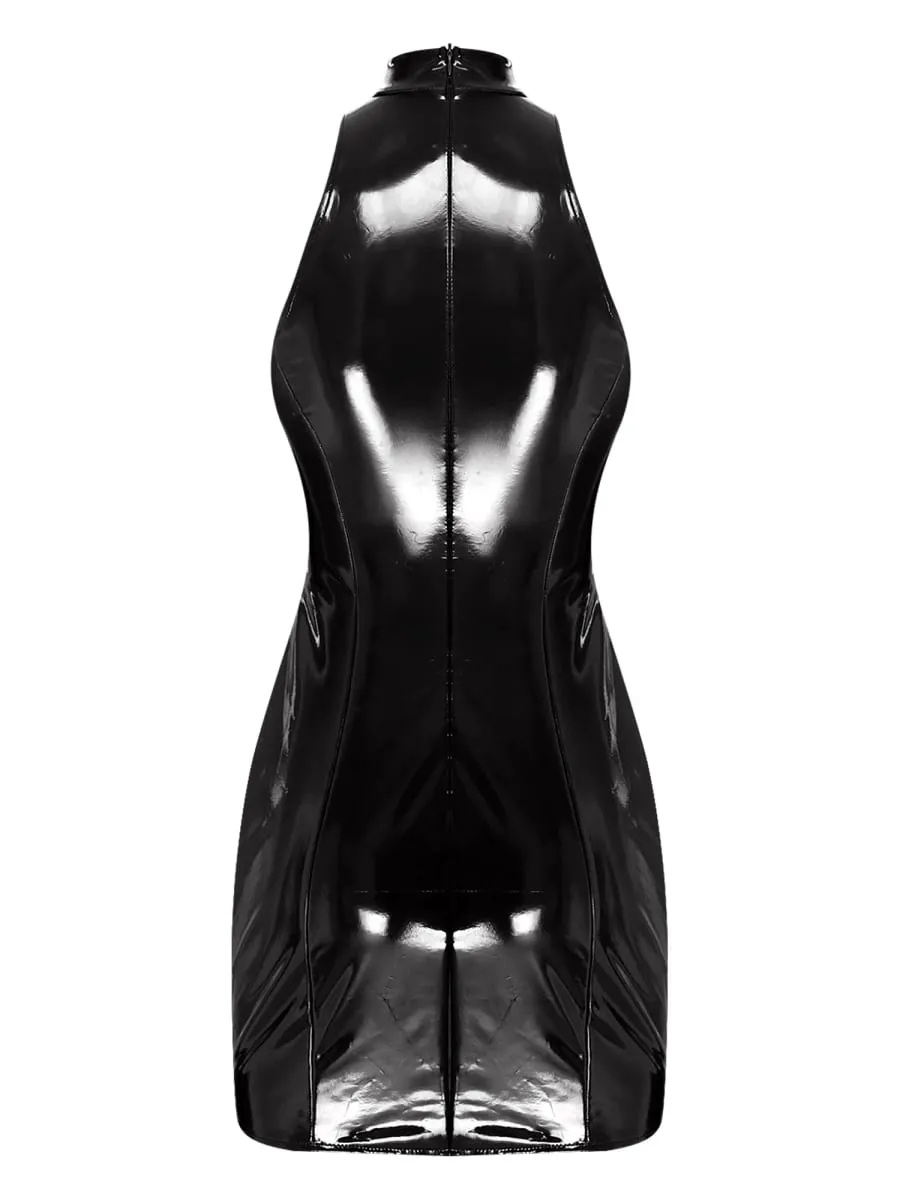 Minivestido feminino de couro pu com aparência molhada, gola simulada, sem mangas, sutiã push-up, bodycon, vestido tubo, roupa de balada para festas raves