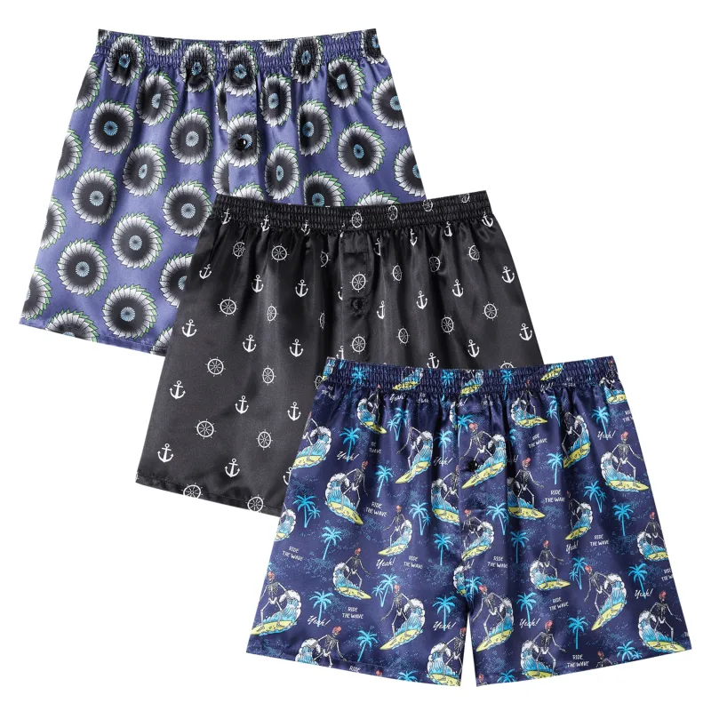 Jupitersecret 3pcs Men's Boxer Shorts Satin Fashion Prints Comfortable Casual Underwear with Elastic Waistband
