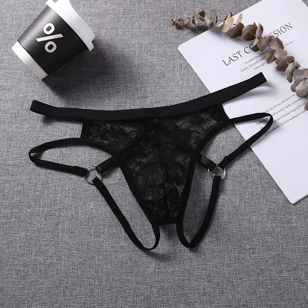 Intimo sexy Perizoma da uomo Lingerie esotica Mutandine Custodia in pizzo trasparente Scava fuori motivo floreale in pizzo Cintura regolabile — image 6