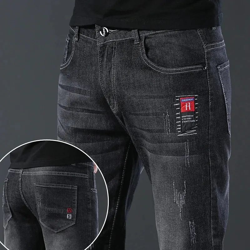 Men's Fashion Letters Denim Pants Slim Straight Gentleman Slacks Fashion European American Style Stretch Men Luxury Jeans Grey