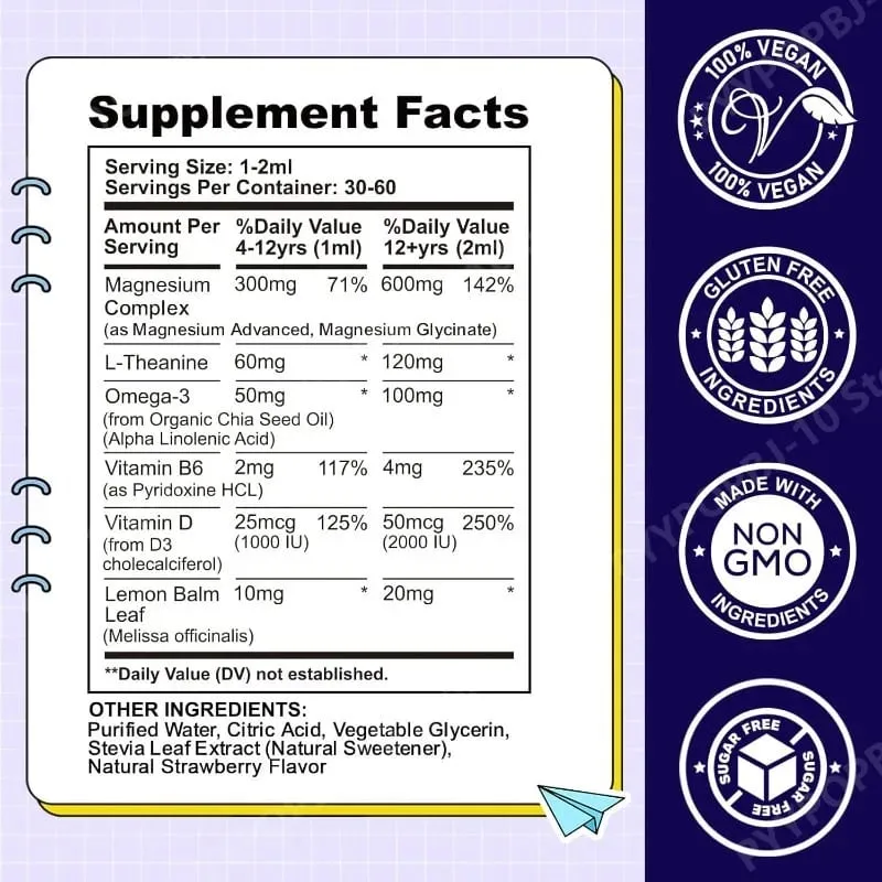 Gouttes liquides de glycinate de magnésium pour enfants avec L-théanine oméga-3 vitamine B6 D3 pour la relaxation du sommeil 2 Fl Oz saveur de fraise — image 4