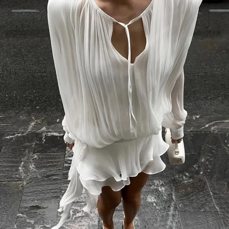 Vstupenkyx Letní lesklé Úzké plisované minišaty na jedno rameno Elegantní jednobarevné nařasené dlouhé rukávy Vestidos Dámské společenské večerní šaty — image 8