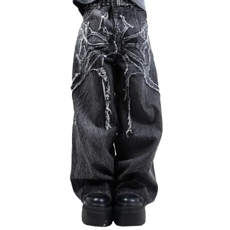 Y2K Retro Oversized Baggy Unisex Mopping Pants Phantom Jeans Men High Street Spider Embroidered Patch Hip Hop Streetwear Gothic