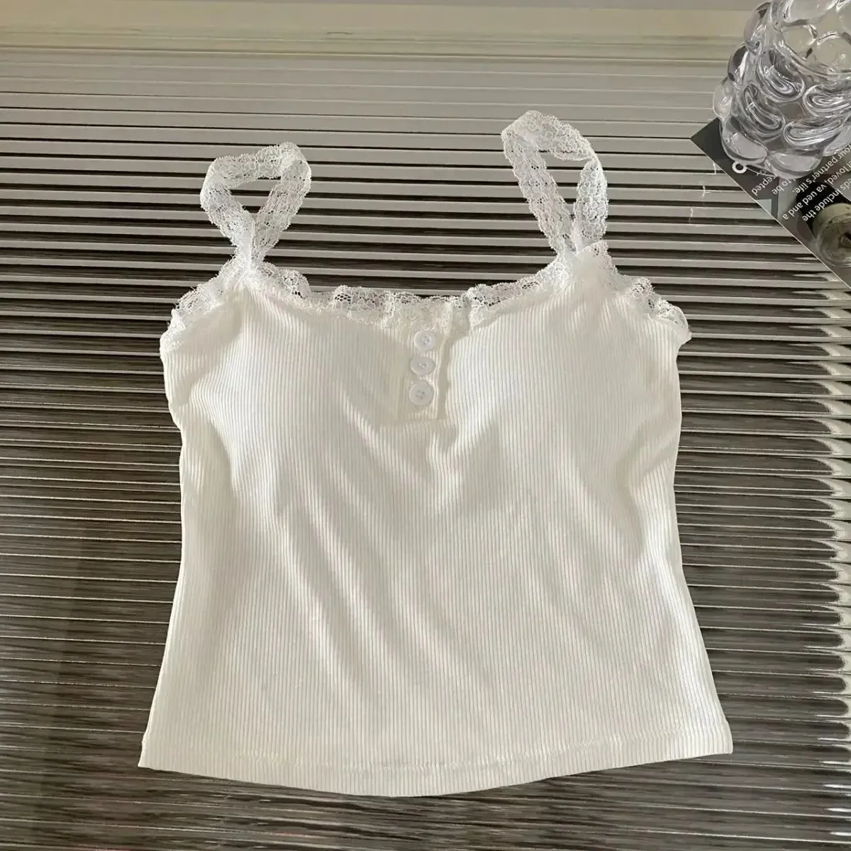 2024 Solid Color Knit Tank Top Vest Women Female Slim Undershirt Sexy Lace Camisole With Chest Pad Crop Tops Sleeveless T Shirt