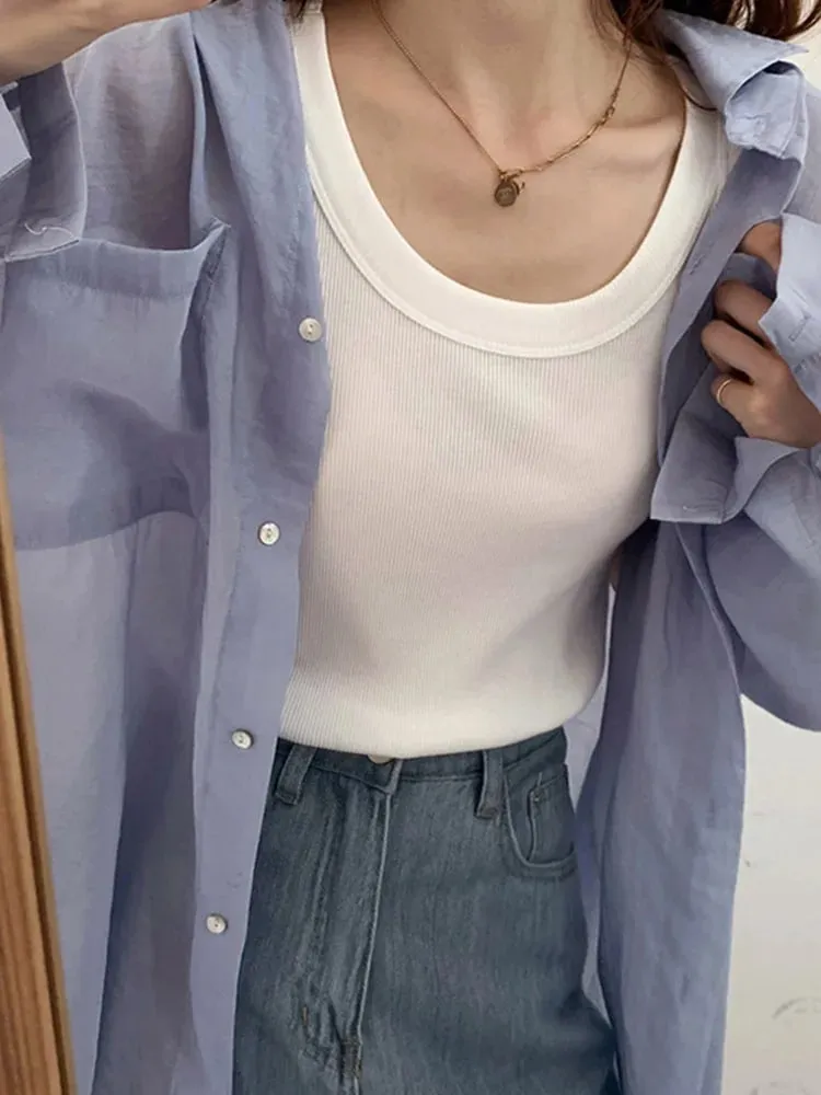 Summer Knitted Solid Color Tanks Top White Skinny Camisole Women Basic Camisole T-Shirt — image 5