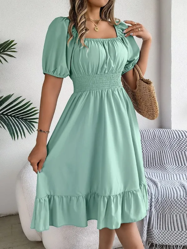 Spring Summer Elegant High Waisted Dress Square Neck Short Sleeved Ruffled Edge Long Dresses 2026 Valentine's Day Woman Clothing — image 11