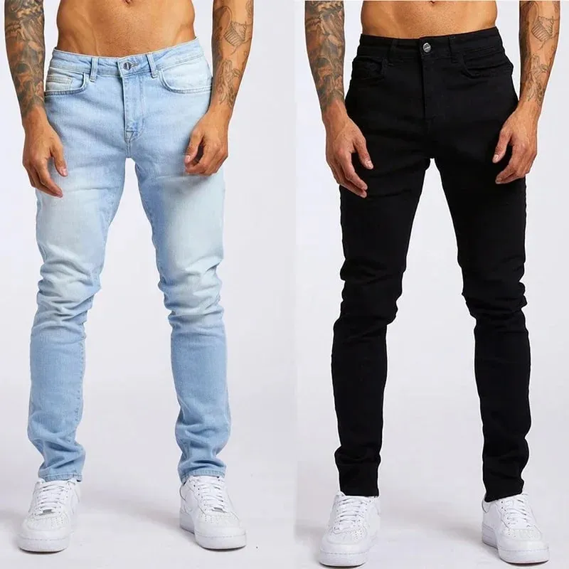 Jeans Lelaki Elastik Kurus Warna Pepejal Seluar Pensel Regangan Slim Fit Denim Jeans Joging Streetwear Koboi Seluar Kasual Blck — image 2