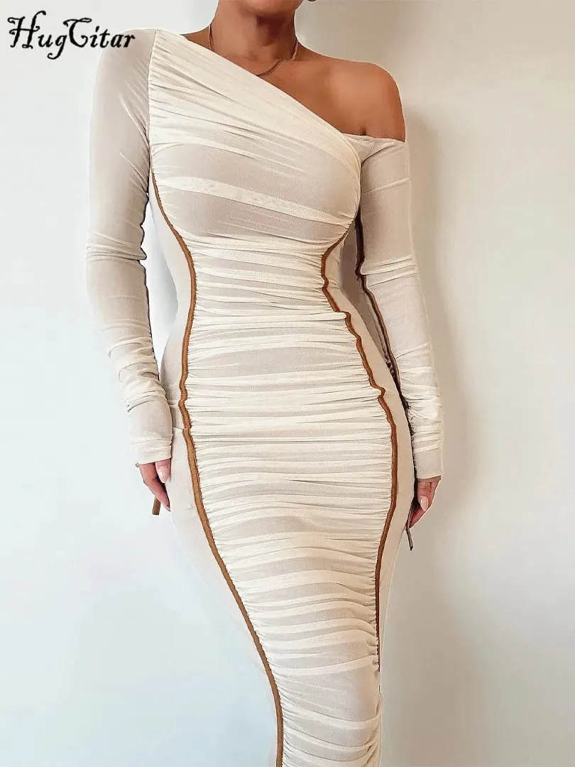 Hugcitar Mesh Solid Diagonal Collar Long Sleeve Draped Sexy See Through Bodycon Maxi Dress Summer Fashion Clothes Festival Club — image 2