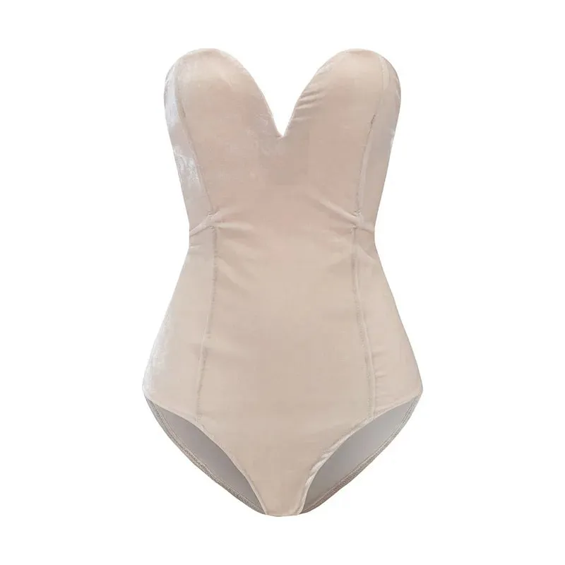 CM.YAYA Vintage Women Velvet Strapless Sleeveless Bodycon Bodysuits 2025 Spring Basic Sexy Party Evening Club Tops One Piece