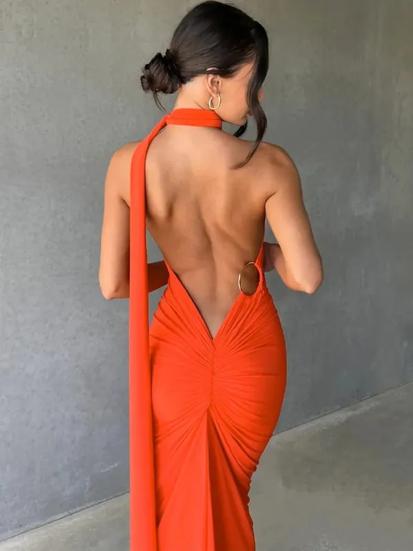 Hugcitar One Shoulder Rygløs justerbar tørklædeløkke Ruched Sexet Maxikjole 2025 Kvinder Elegant Y2K Streetwear Festival Outfit — image 19