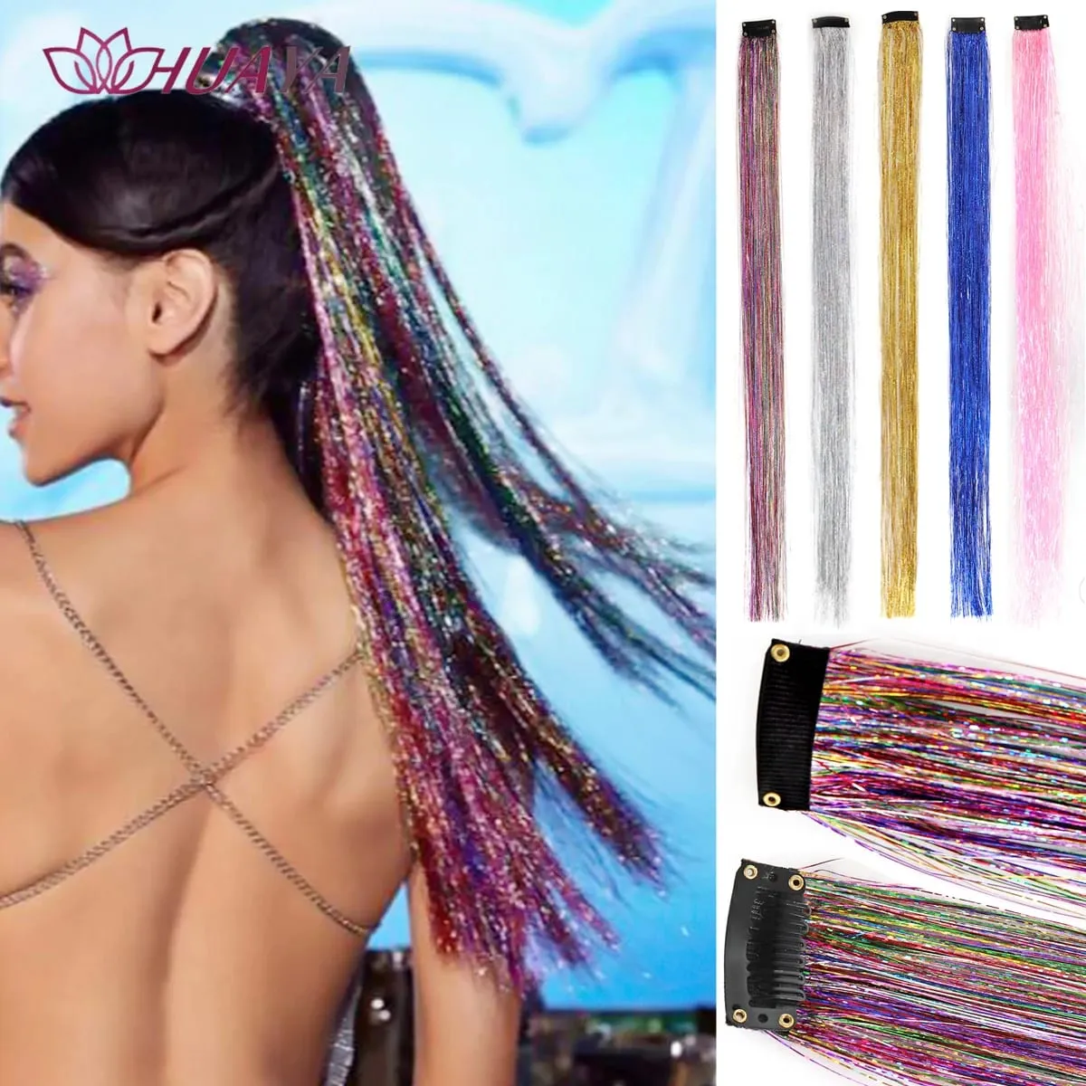 Synthetic Multicolor Colorful Sparkle Clip in Hair Tinsel Strands Long Straight Hair Extensions Blue Silver Highlight Hairpieces