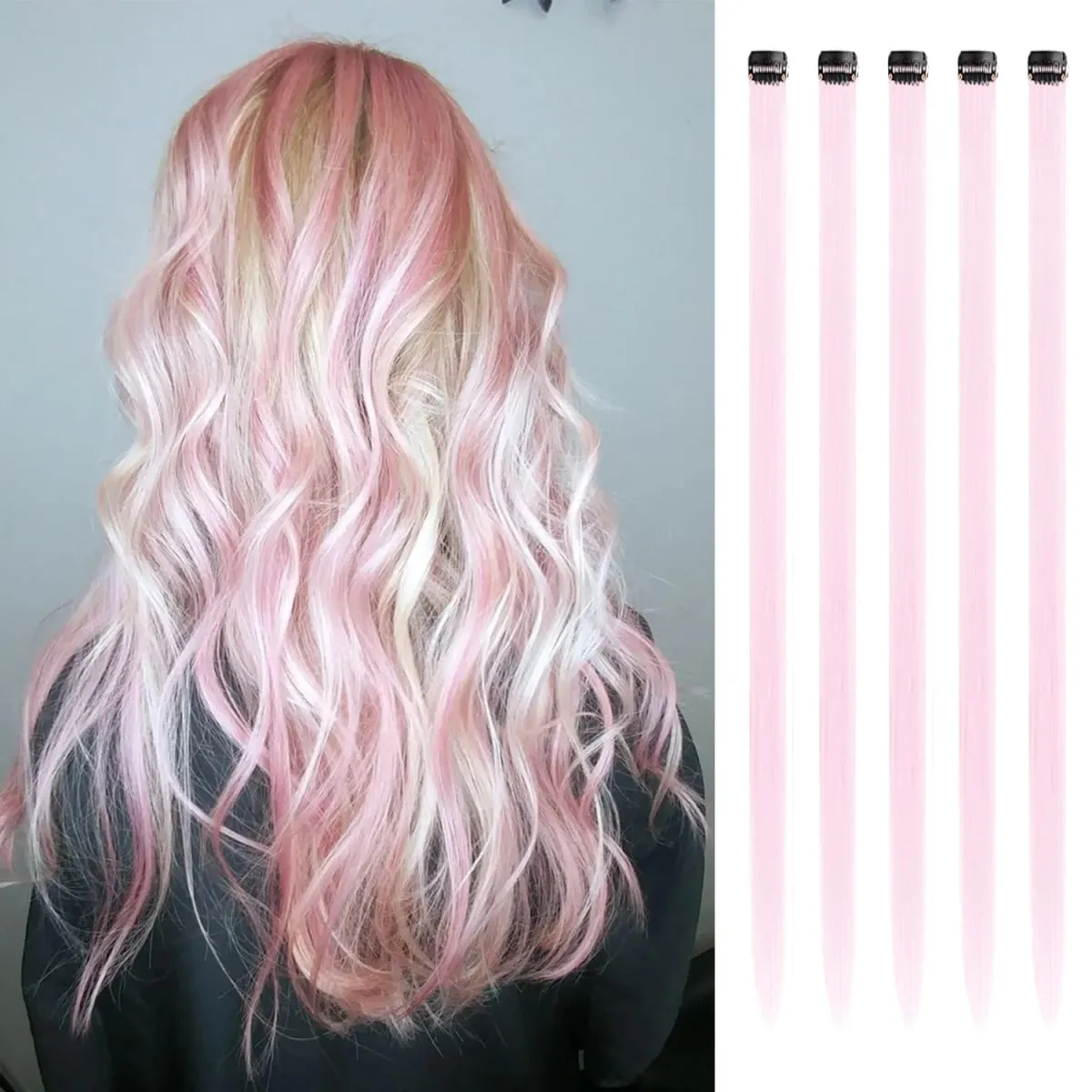 Synthetic 5PCS Colorful Hair Extensions Party Highlights Colorful Clip in Hair Extensions Straight Hairpieces for Women Girls — image 16