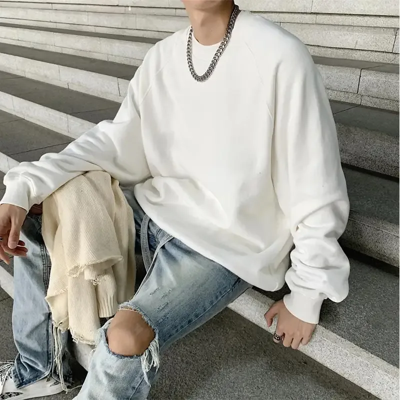 600g Men's 100% Cotton Oversized Sweatshirt for Winter Solid Beige Batwing Sleeve Heavyweight Fleece Crew Neck Thermal Hoodies