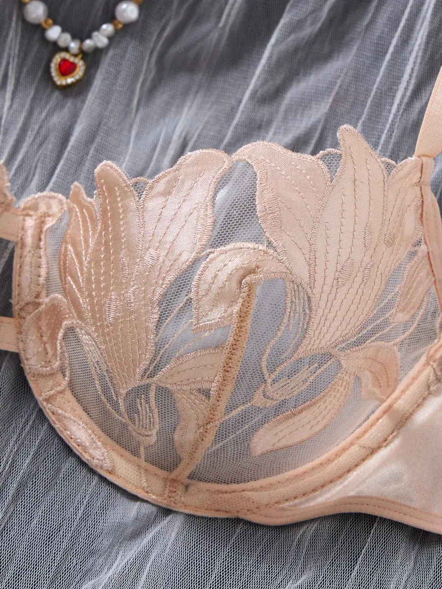 Champagne broderie florale ensemble de Lingerie Satin maille soutien-gorge à armatures string femmes sous-vêtements intimes lune de miel Boudoir ZA824031 — image 4