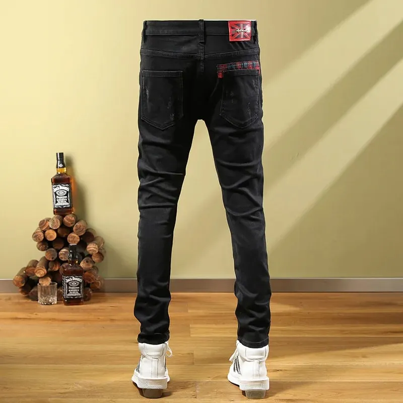 Men's Ripped Jeans with Patchwork Design Slim Fit Skinny Spring Trendy Street Motorcycle Style Black Long Pants — image 2