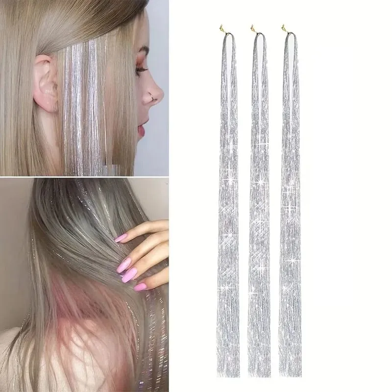 Extensions capillaires synthétiques brillantes de couleur arc-en-ciel, 90cm, 3 pièces/ensemble, guirlandes Laser longues et lisses, résistantes à la chaleur, Extensions de cheveux féeriques, fête quotidienne