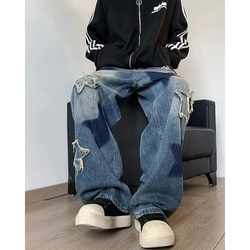 Jeans Men Straight Star Embroidery Patchwork Autumn Jeans Uomo Wide Leg Hip-hop Fashion Youth Neutral Streetwear Denim Trousers — image 5