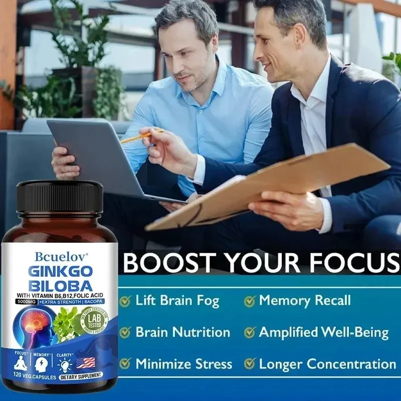 Ginkgo Biloba 5000 mg Extra Strength - Supports Brain Function and Memory Focus Stress Relief 120 Veggie Capsules