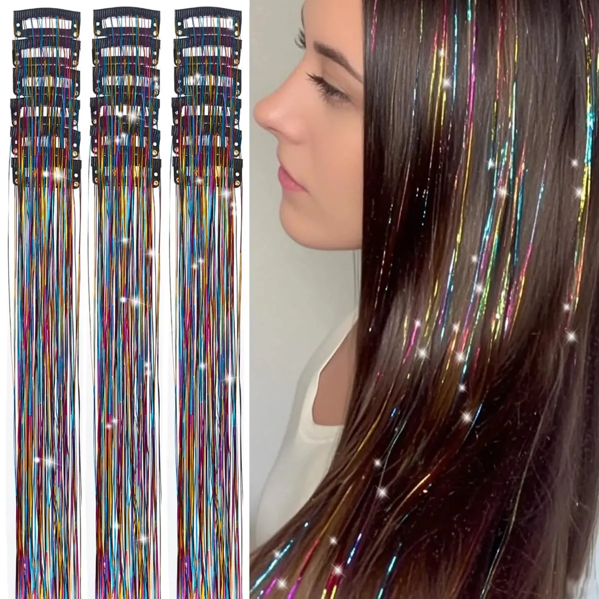 20 Inch Glitter Tinsel Hair Extensions with Clips In 6Pcs/Set Synthetic Clip in Sparkle Fairy Hair Accessories for Women Kids