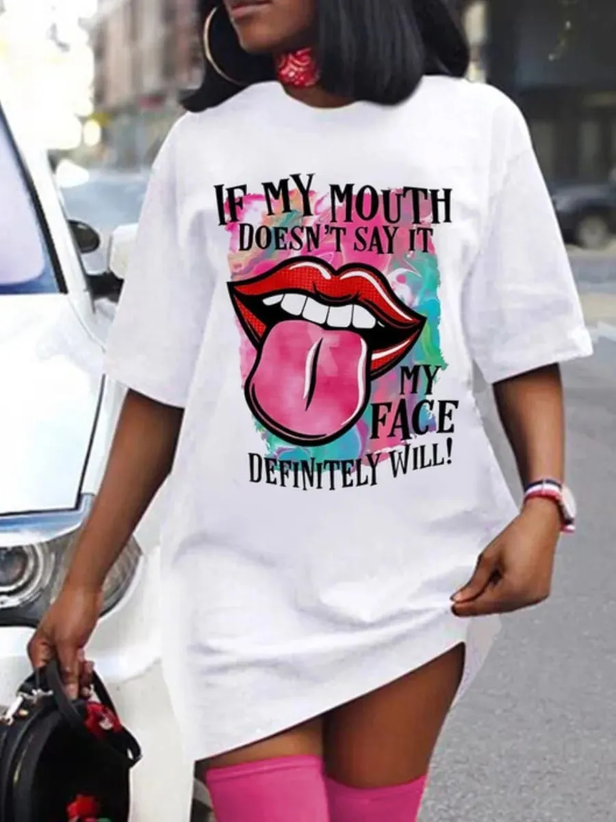 Damen Sommer Casual Fashion Loose Plus Size Brief Lippen Druck Muster bedruckt Kurzarm Sommer T-Shirt Kleid — image 2