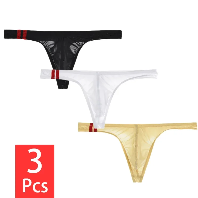 3Pcs/lot Sexy Underwear Men's T-Back Underpants Thongs G-String Ice Silk Breathable Male Bikini Panties U Convex Pouch Undies — image 1
