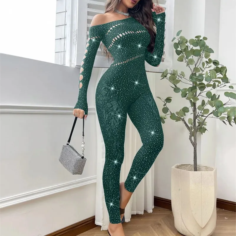 Combinaison Sexy en maille strass pour femmes, manches longues, transparente, bas de corps très extensibles, combinaison Club, grande taille, Stock Lingerie — image 9