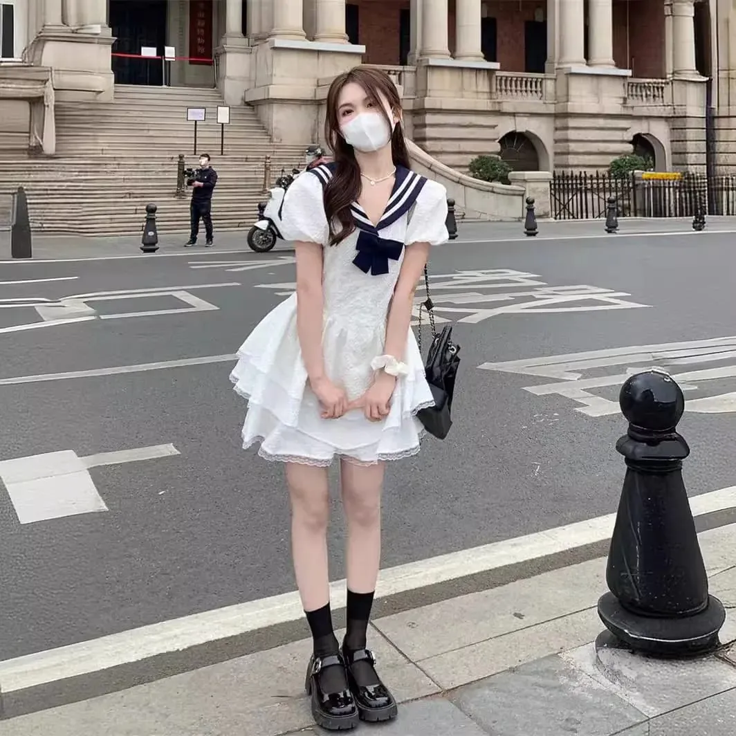 Women's White Sailor Collar Navy Bow Dresses Bubble Sleeve Tiered Ruffle Short Dress Sweet Casual Cute Style Dress — image 3