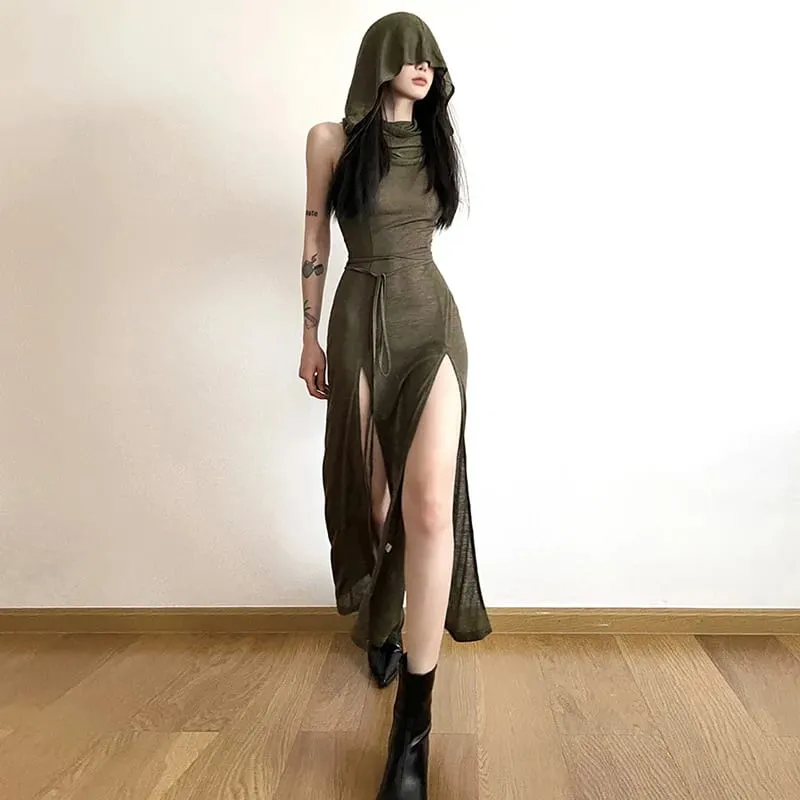 Goth Dark Cyber ​​Gothic Desert Walker Šaty s kapucí Y2k Punk Grunge Duté Midi Šaty Ženy Sexy Split Side Solid Streetwear