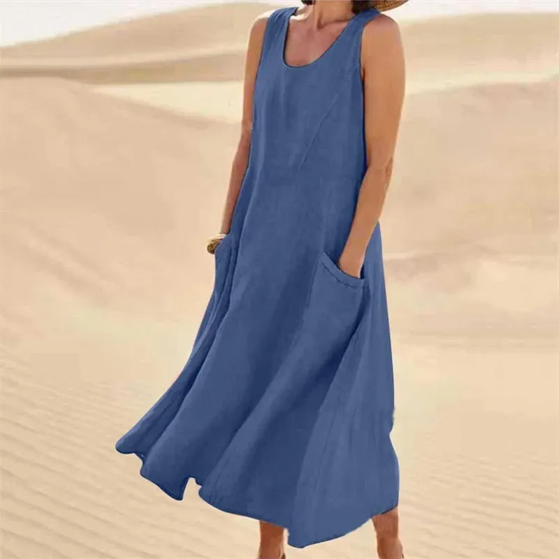 Sleeveless Suspenders Cotton Linen Dress Women Side Double Pocket Splicing Solid Color Dresses Women Summer Casual Commuter Gown — image 11
