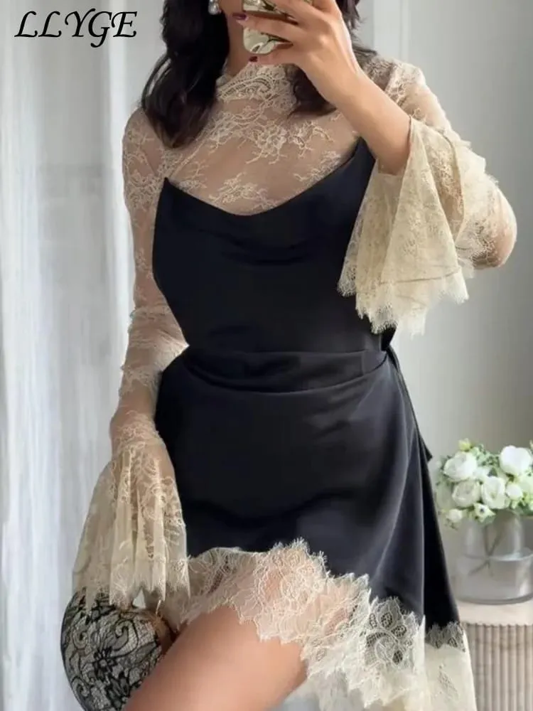 Elegant blonde patchwork kort kjole kvinder se gennem høj krave flare ærmer festkjoler 2025 efterår dame aftenkåber — image 4