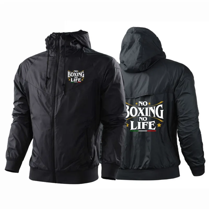 2025 No Boxing No Life Gym Men's Spring and Autumn Thin Windproof Casual Hooded Color Matching Fashion Printing Windbreaker Coat