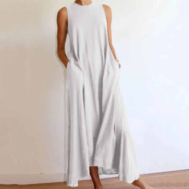 Women's Oversized T-Shirt Dresses Round Neck Sleeveless Beach Maxi Cover Up with Pockets Summer Vacation Long Beach Dress