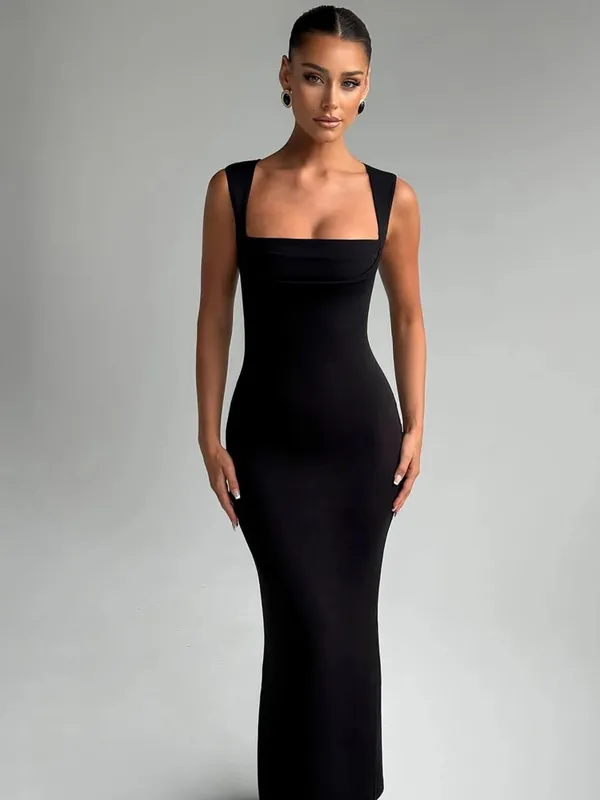 Hugcitar Women Elegant Solid Square Collar Straps Sexy Bodycon Maxi Prom Dress Summer Women Y2K Clothes Evening Party Birthday