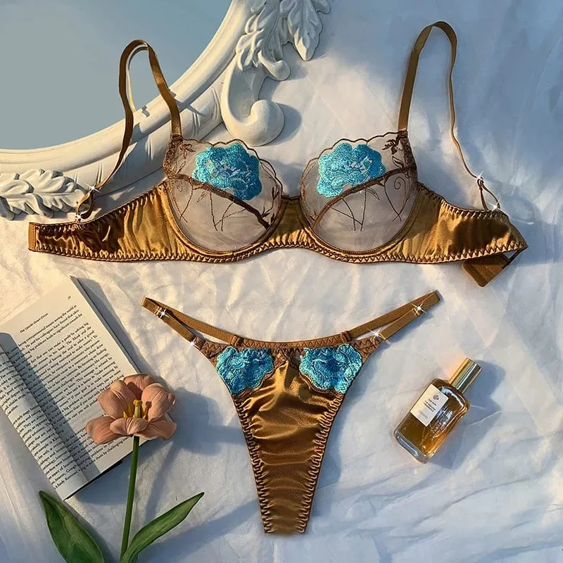 Sexy Bras for Women Fancy Lingerie Luxury Satin Underwear Delicate Embroidery Erotic Lingerie 2 Pieces Translucent Bralette Sets
