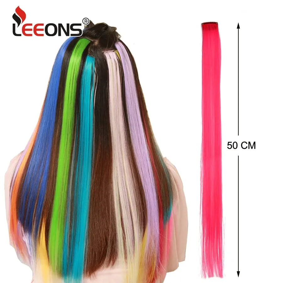 Straight Colored Hair Piece Hair Extensions Clip In Highlight Rainbow Hair Pink Blue Purple Synthetic On Clips For Women Girls — image 5