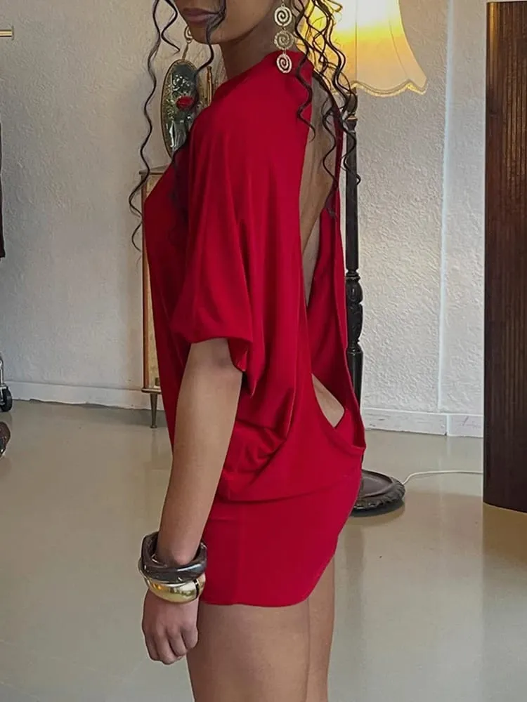 Cutenew Solid Backless Women Mini Dress Trend Summer Sexy Chic Half Sleeve Crew Neck Body-shaping Frock Mujer Simple Party Wear — image 6