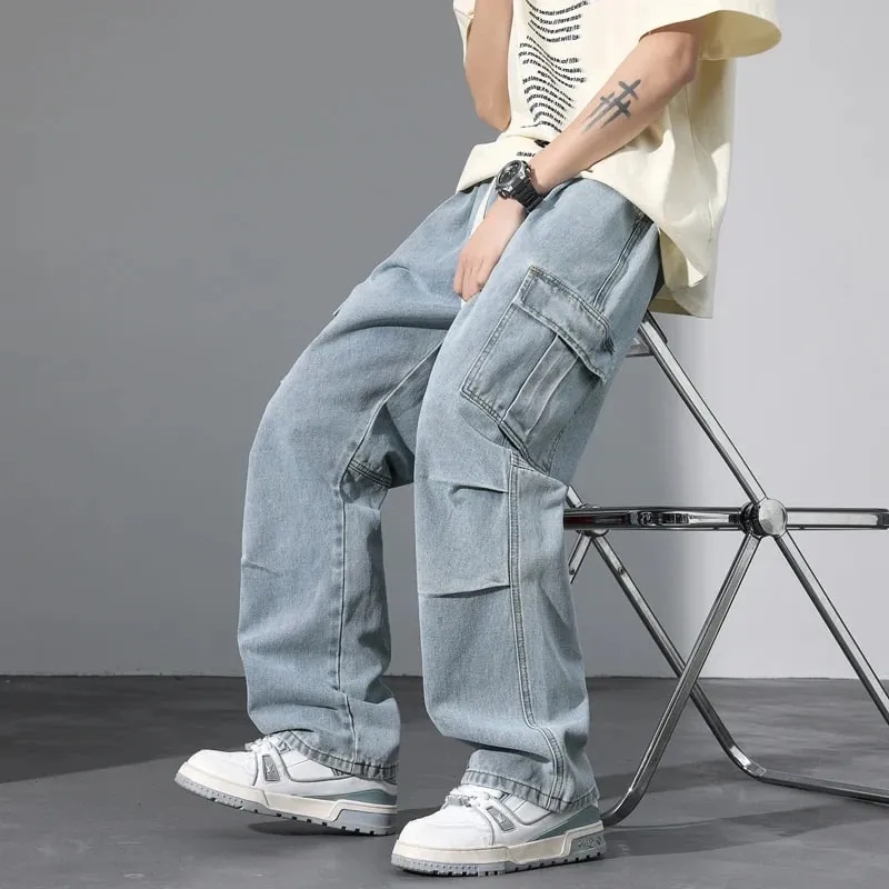 Large Pocket Baggy Jeans Men's 2025 New Spring Classic Straight Denim Trousers Street Y2K Elastic Waist Casual Cargo Pants — image 2