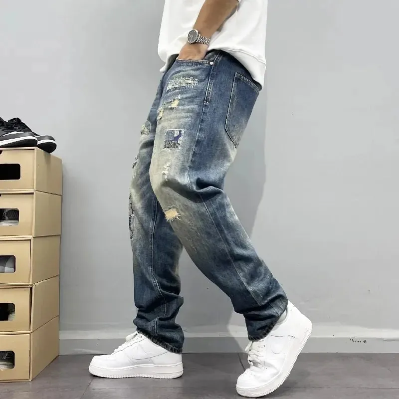Baggy Jeans Vintage Distressed Patchwork Jeans Men's Straight Loose High Street Hip-hop Long Pants Men's Clothing Jeans for Man — image 4