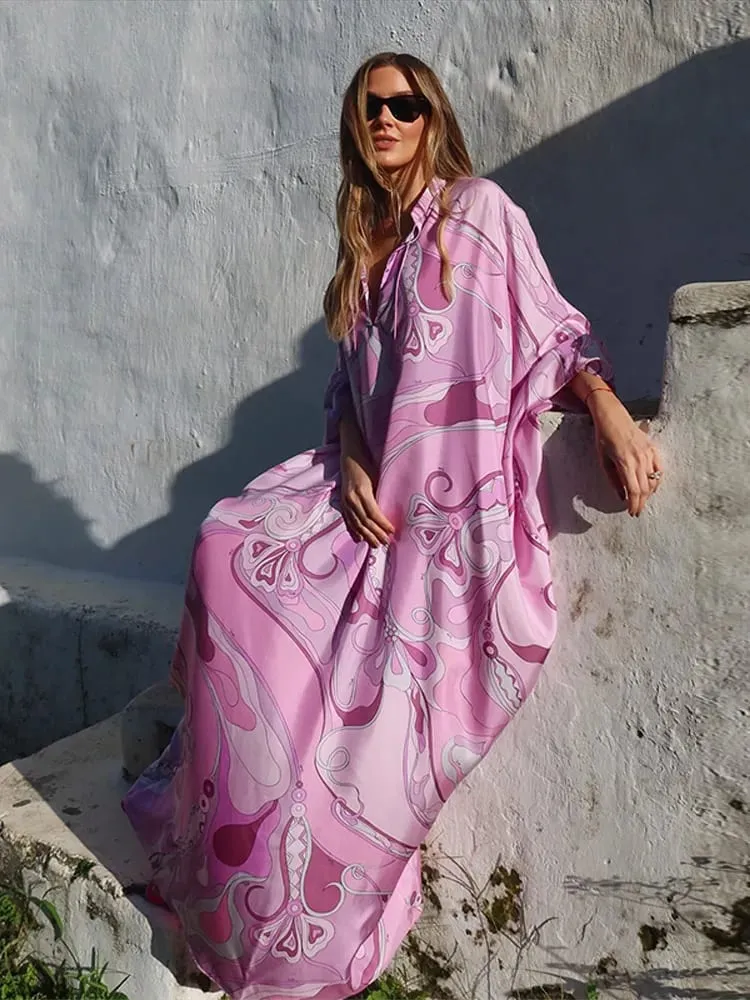 Oversized Women's Print Kaftan Maxi Dress With Pink Pattern Loose Fit Full Sleeve Long Dresses Summer Beach Vacation Outfit Robe — image 5