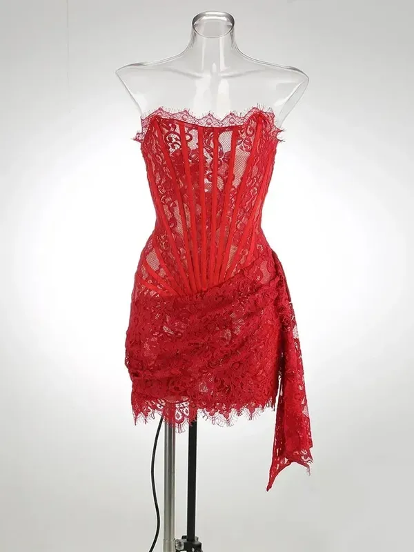 Sexy Lace See-through Patchwork Corset Dress Female Bodycon Elegant Party MIrrgualr Mini Dress Women Tube Top Dress New — image 11