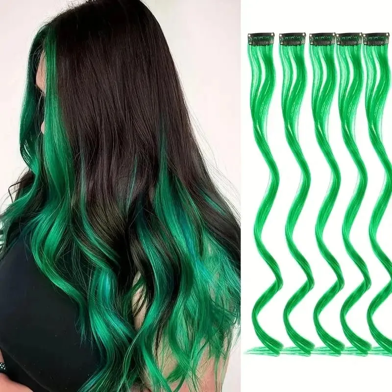 5Pcs Colored Hair Extensions Party Highlights Curly Wavy Hairpiece Clip In Synthetic Streak For Girls Women Halloween Wig — image 13