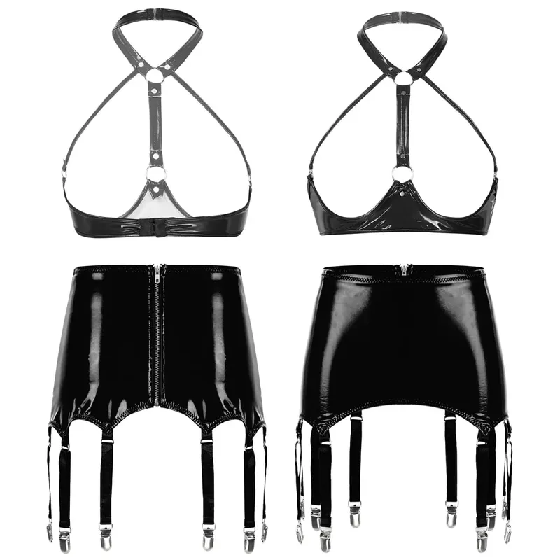 Womens Patent Leather Two-Pieces Porn Lingerie Set Wire-free Open Bust Push-up Bra Top Tank Top with Zipper Garters Mini Skirt