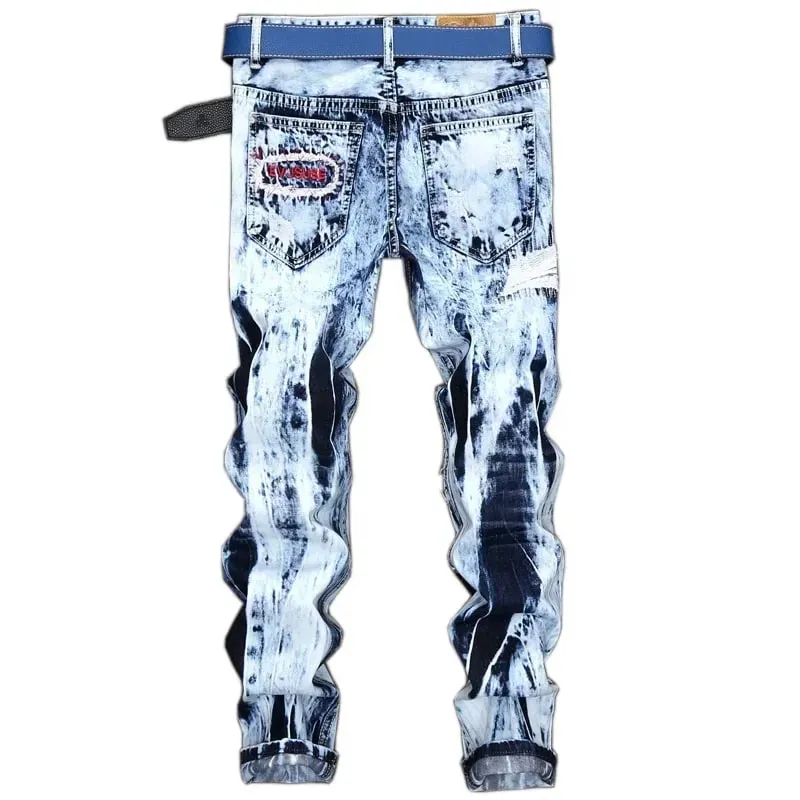 Men's Embroidered Patchwork Ripped Jeans (without Belt) Slim Fashion High Street Motorcycle Denim Pants Male Designer Clothes — image 3
